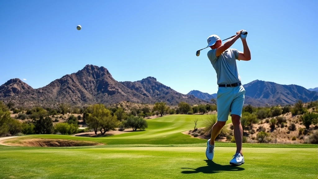 Golfer mid-swing on beautiful Arizona course with rolling fairway, ball in flight, clear blue sky, natural lighting emphasizing form and technique