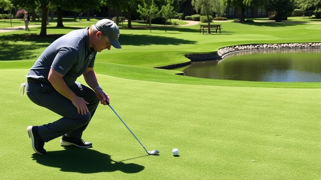 Instructor and student on putting green at Chandler Park, analyzing putt line together, focused concentration, manicured green with water hazard visible