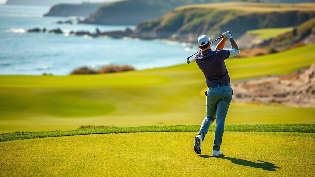 Professional golfer mid-swing on lush fairway with water hazard visible in background, morning sunlight, coastal landscape, authentic golf course setting, high-quality photography
