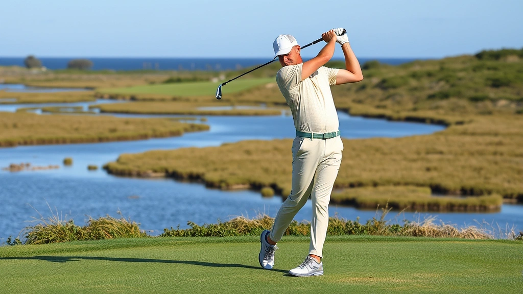 Golfer mid-swing on a coastal course with marshland and water hazards visible, showing proper stance and posture during full swing execution, professional form captured clearly