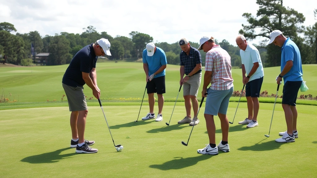 Group of beginner golfers on putting green practicing short game shots, demonstrating chipping and pitching techniques, focused concentration on technique, natural course setting