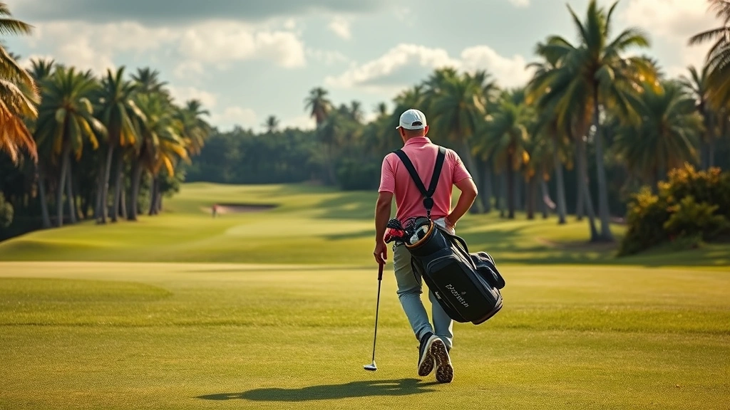 Golfer walking fairway carrying golf bag with trees lining course, humid subtropical environment visible, realistic golf course scenery, professional course conditions