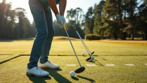 Professional golfer demonstrating perfect grip and stance on practice range with multiple golf balls and clubs visible, morning sunlight, focused concentration