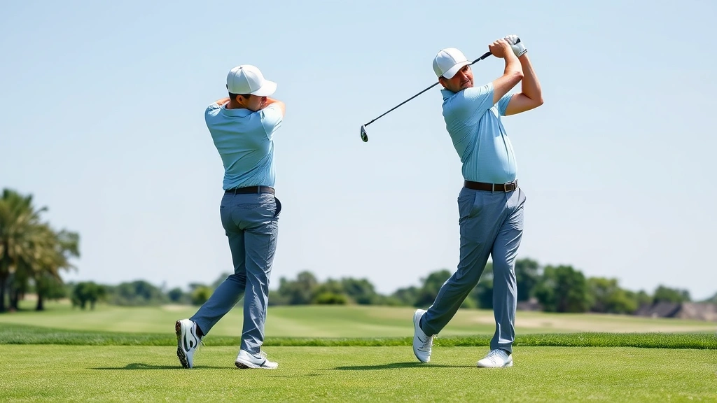 Golfer mid-swing showing proper posture and follow-through on fairway with manicured grass, clear sky, natural outdoor setting