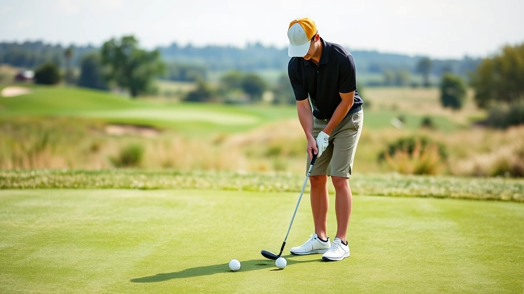 Beginner golfer on putting green practicing with multiple golf balls, focused posture, well-maintained course landscape in background