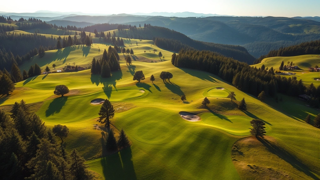 Scenic aerial view of a well-manicured golf course nestled in rolling green hills with fairways winding through natural landscape, morning sunlight casting long shadows across the grass, mature trees framing the course, distant forested mountains visible on horizon