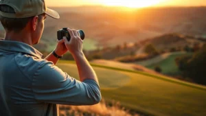 Golfer analyzing course layout with rangefinder on elevated fairway overlooking valley landscape during golden hour, professional coaching environment, natural lighting
