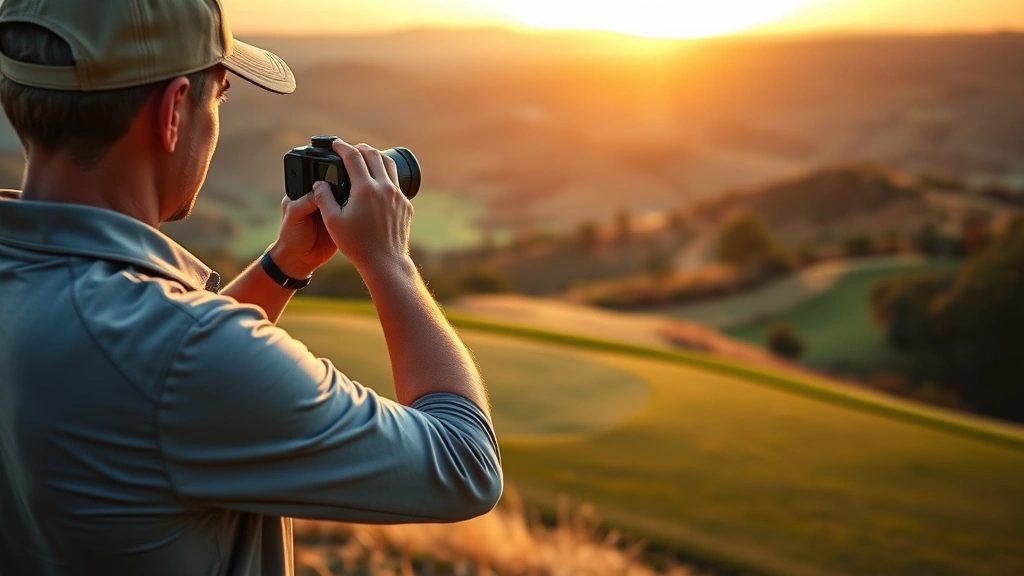 Golfer analyzing course layout with rangefinder on elevated fairway overlooking valley landscape during golden hour, professional coaching environment, natural lighting