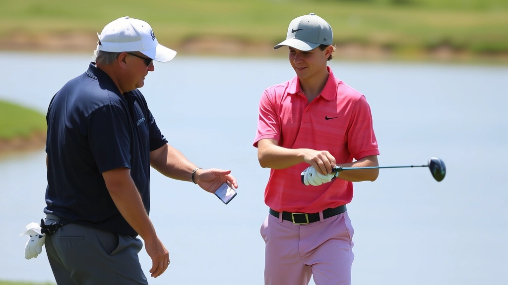 Coach instructing student golfer on proper stance and shot selection near water hazard, demonstrating course management technique with positive engagement