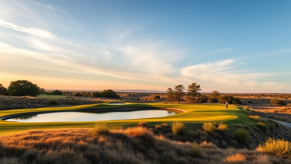 Wide landscape view of golf course hole with strategic water hazard reflecting sky, native vegetation and trees lining fairway, golfers in distance on tee box, natural terrain integration showing sustainable course design, golden hour lighting