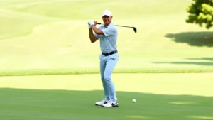 Golfer in proper stance position on fairway with perfect posture and alignment, professional attire, natural daylight, manicured course in background, focused expression