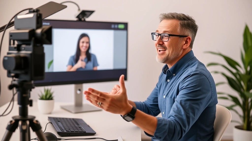 Instructor with warm expression recording a video lesson at a desk with professional lighting setup, green plant nearby, gesturing expressively while teaching online to an unseen audience, focused and professional demeanor