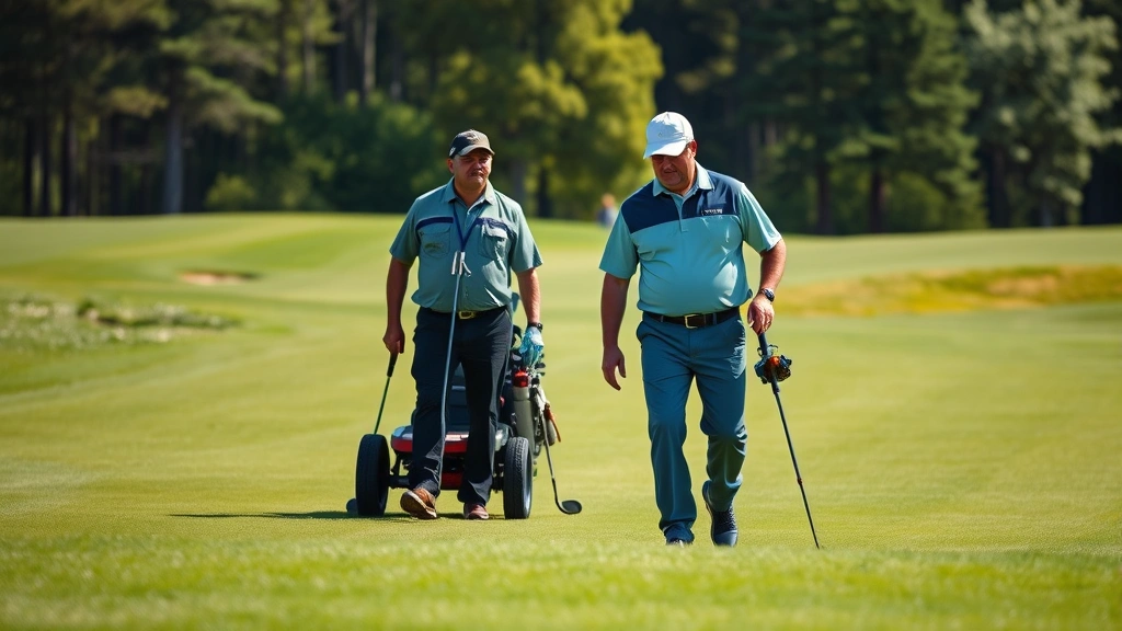 Professional golf course superintendent inspecting lush green fairway with maintenance equipment visible, natural daylight, realistic outdoor setting
