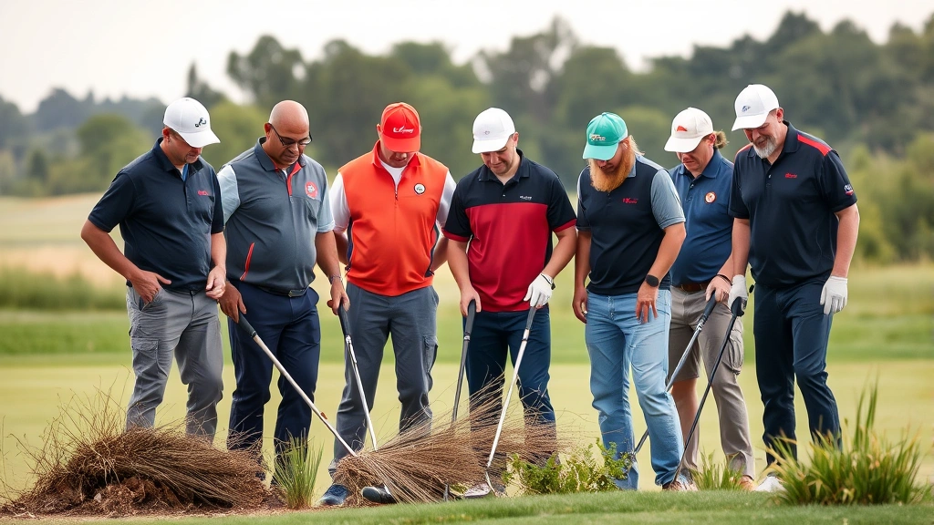 Diverse golf course staff team in branded uniforms collaborating on course maintenance, genuine teamwork atmosphere, authentic workplace environment