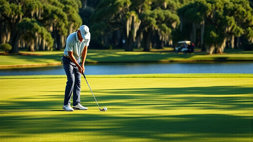 Golfer addressing ball on fairway with manicured grass and water hazard visible in background, coastal South Carolina landscape with Spanish moss trees, natural lighting, professional photography
