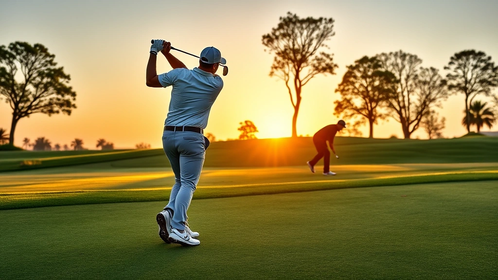 Golfer mid-swing on fairway at sunrise with manicured grass, trees in background, clear sky, professional stance and form, photorealistic