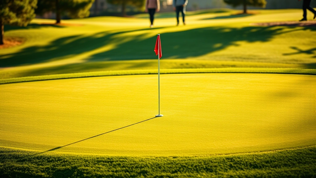 Well-maintained putting green with flag in cup, smooth rolling surface, golfers in background walking fairway, morning light creating shadows, pristine course conditions