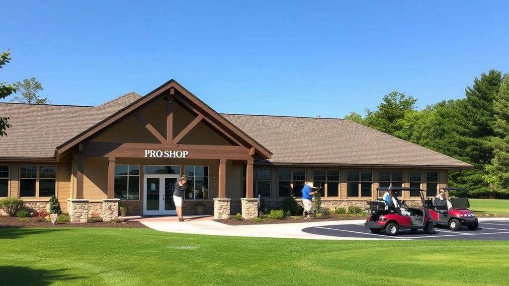 Golf course clubhouse exterior with pro shop entrance, practice range visible with golfers hitting balls, cart parking area, welcoming architectural design, clear sunny day