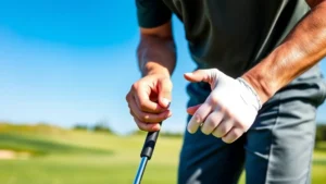 Professional golfer demonstrating proper grip technique with hands positioned on club, clear finger placement showing overlapping grip style, outdoor golf course setting with green grass and blue sky