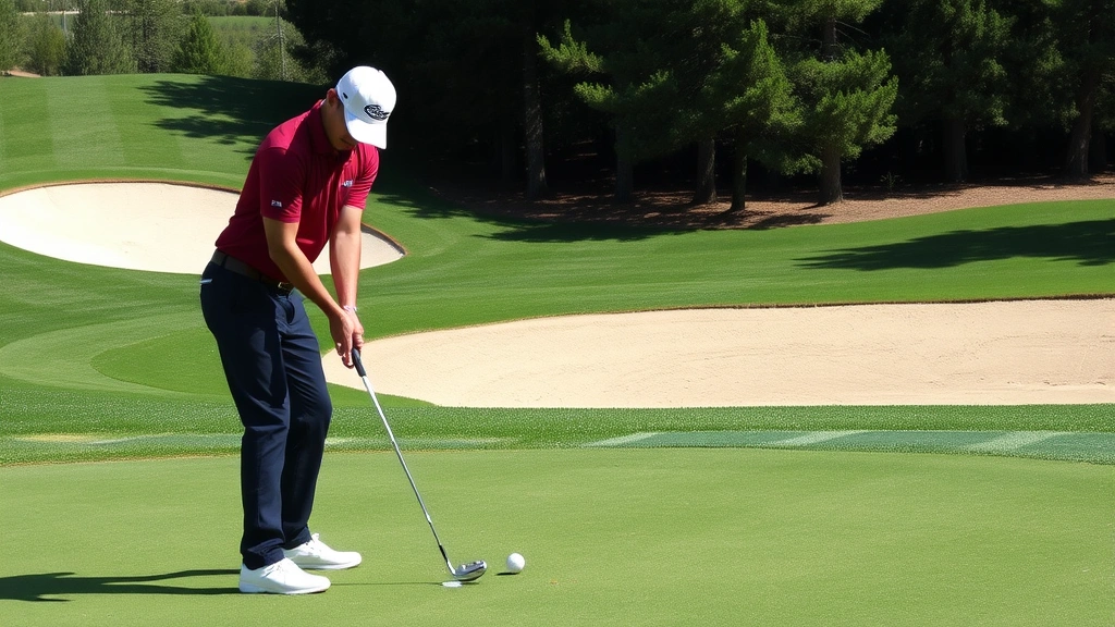 Golfer practicing short chip shots near green with sand bunker visible, concentrated posture, well-maintained practice area, clear day lighting, showing precise technique and body alignment