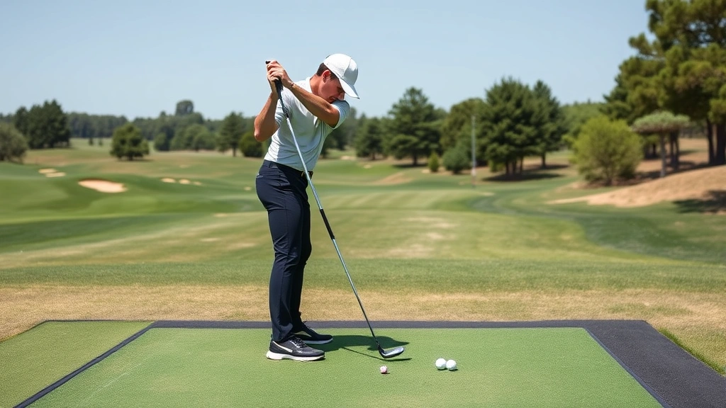 Golfer in athletic stance addressing the ball, showing proper posture with straight back, bent knees, and balanced weight distribution on a practice range with golf balls nearby