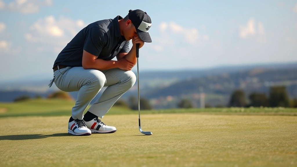 Golfer reading green and preparing putt on championship course, crouched analyzing slope, pristine putting surface, scenic course backdrop, professional technique demonstration without text or signage