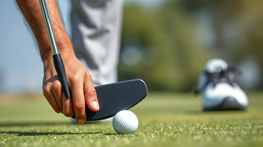 Close-up of golfer's putting stroke showing pendulum-like motion, putter head aligned with ball on green, focused facial expression demonstrating concentration and commitment