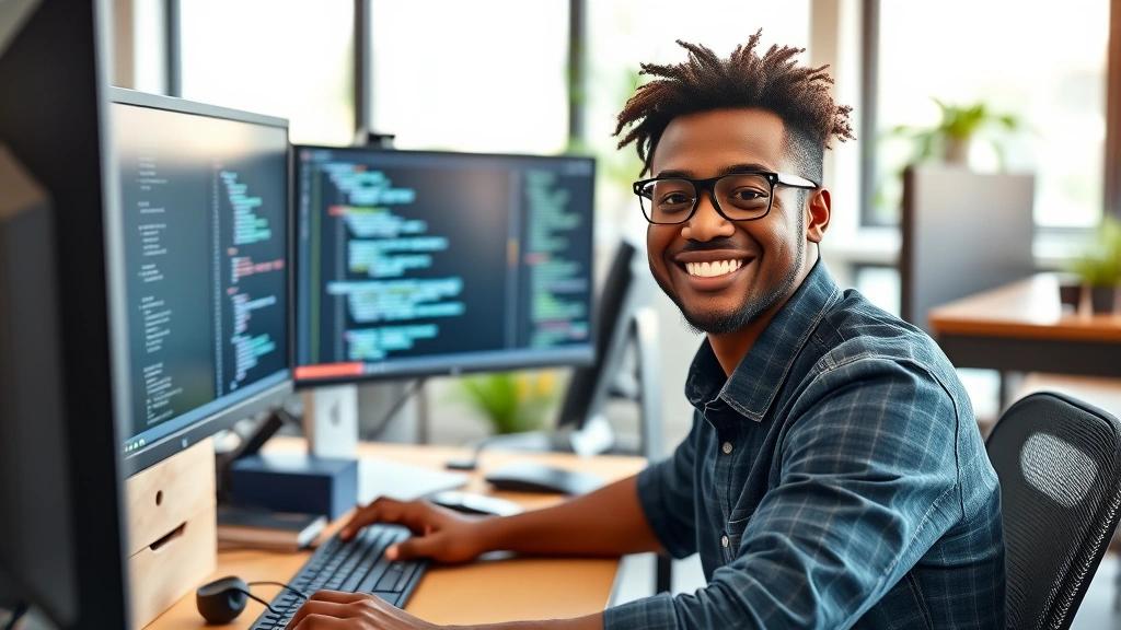 Young diverse software developer smiling at computer desk with multiple monitors showing code, natural office lighting, focused concentration, modern tech workspace environment