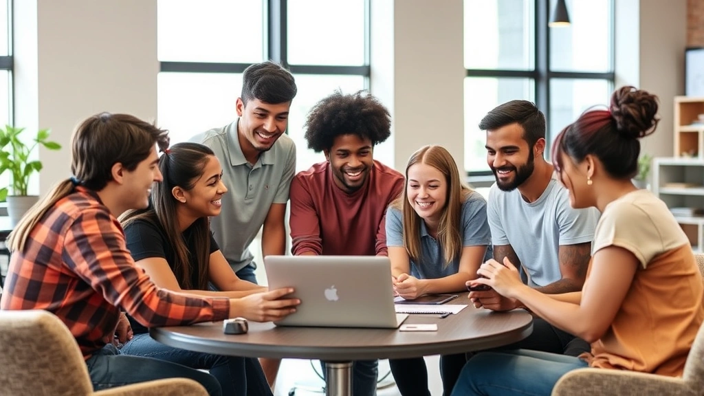 Group of students collaborating around laptop in casual learning space, diverse team discussing code solutions, natural lighting through windows, collaborative energy and engagement