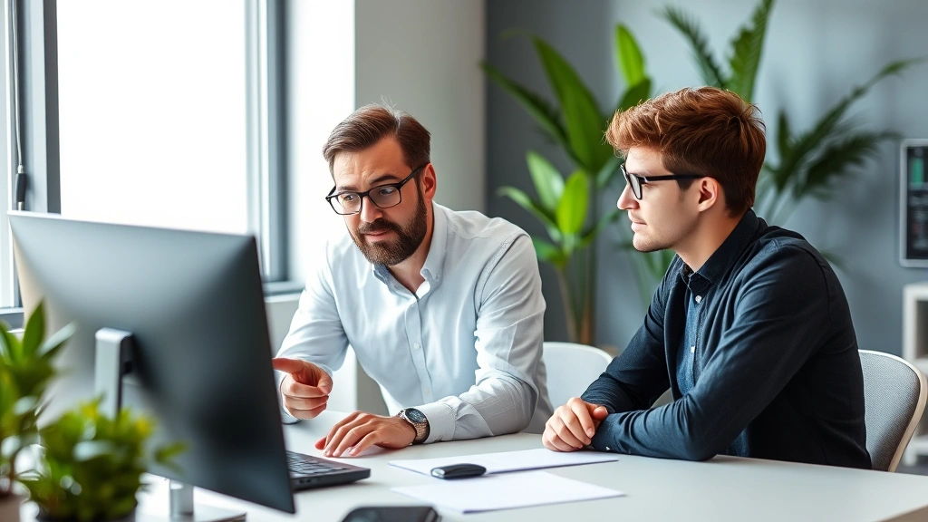 Professional mentor reviewing code with junior developer at desk, pointing at screen discussing algorithm, supportive teaching moment, modern office setting with plants