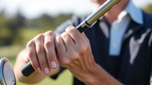 Professional golfer demonstrating proper grip technique with close-up of hands on golf club, outdoor driving range setting, natural sunlight, detailed finger positioning