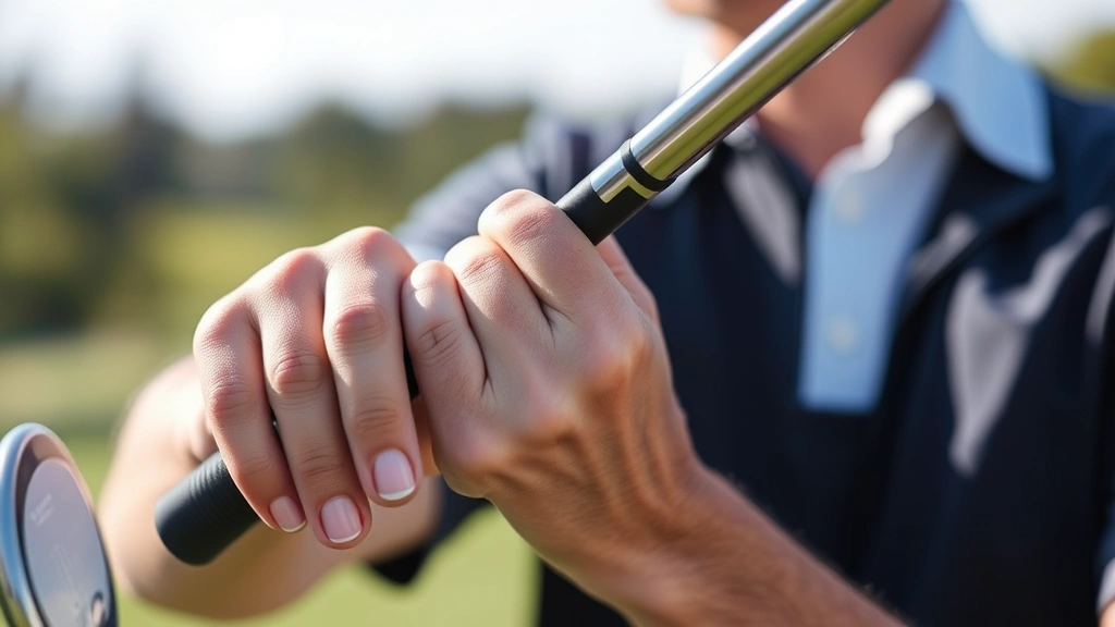 Professional golfer demonstrating proper grip technique with close-up of hands on golf club, outdoor driving range setting, natural sunlight, detailed finger positioning