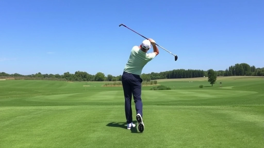 Golfer mid-swing on fairway with lush green grass and distant trees under blue sky, demonstrating proper golf technique and form
