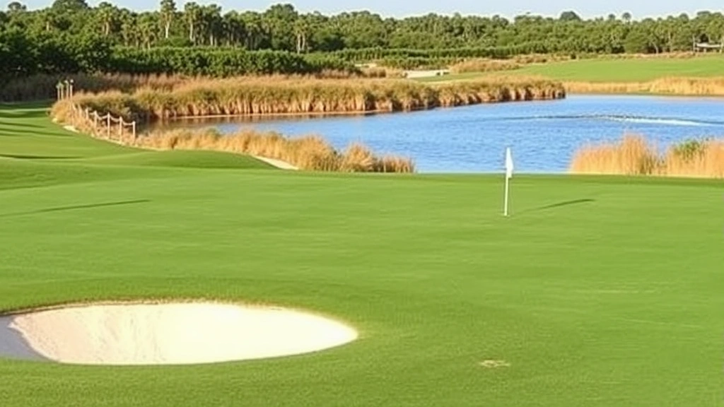 Well-maintained golf course hole with bunker, green, and natural landscape featuring water feature and native vegetation in background