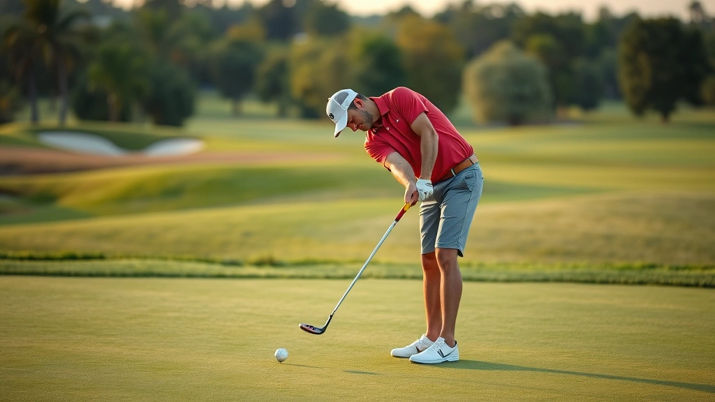 Skilled golfer executing short game shot near green, pitching technique demonstration, focused expression, lush fairway and green landscape, afternoon lighting