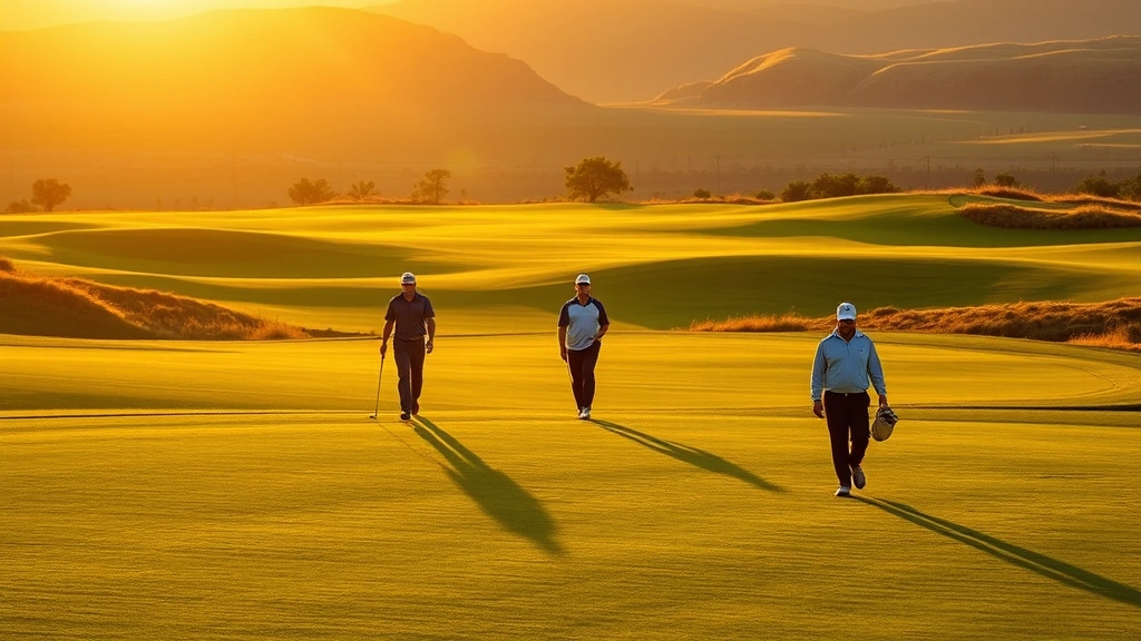 Group of golfers walking on fairway during golden hour light, showing course terrain, elevation changes, and natural beauty of landscape