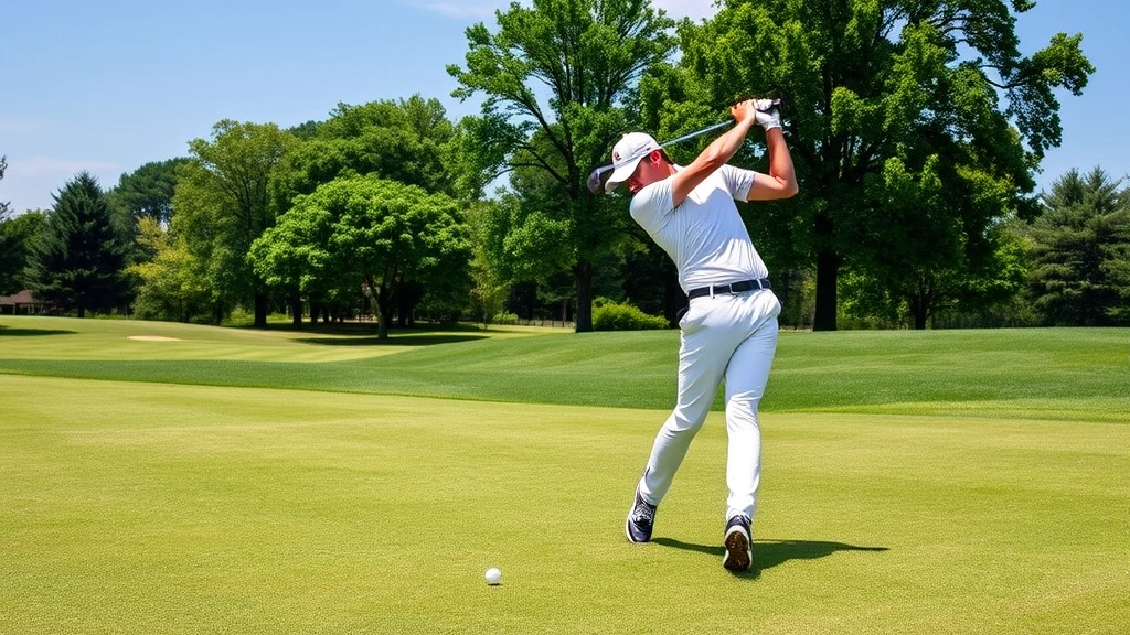 Golfer mid-swing on manicured fairway with perfect form and professional technique, green trees and clear sky background, photorealistic daylight