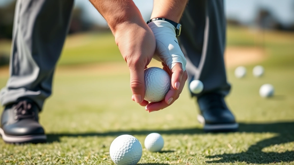 Close-up of golfer addressing ball with perfect posture and alignment, practice range setting with golf balls and distance markers visible, professional coaching atmosphere