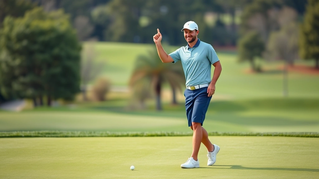 Golfer celebrating successful putt on perfectly maintained green, confident body language and positive expression, scenic course background with fairways and trees