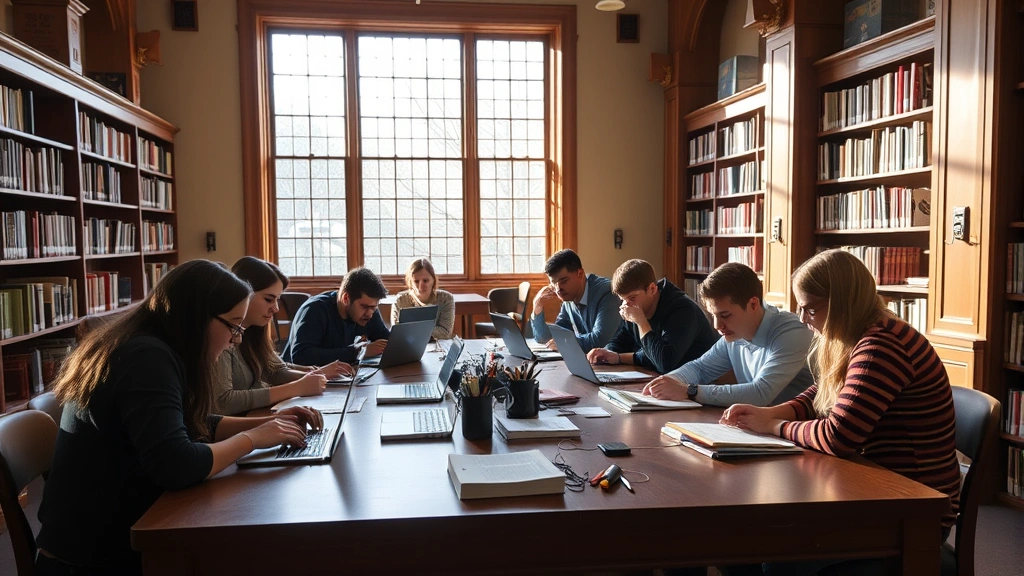 Students in a Columbia University library study room collaboratively reviewing course materials and notes together at a large wooden table with laptops and textbooks, natural window lighting, warm academic atmosphere