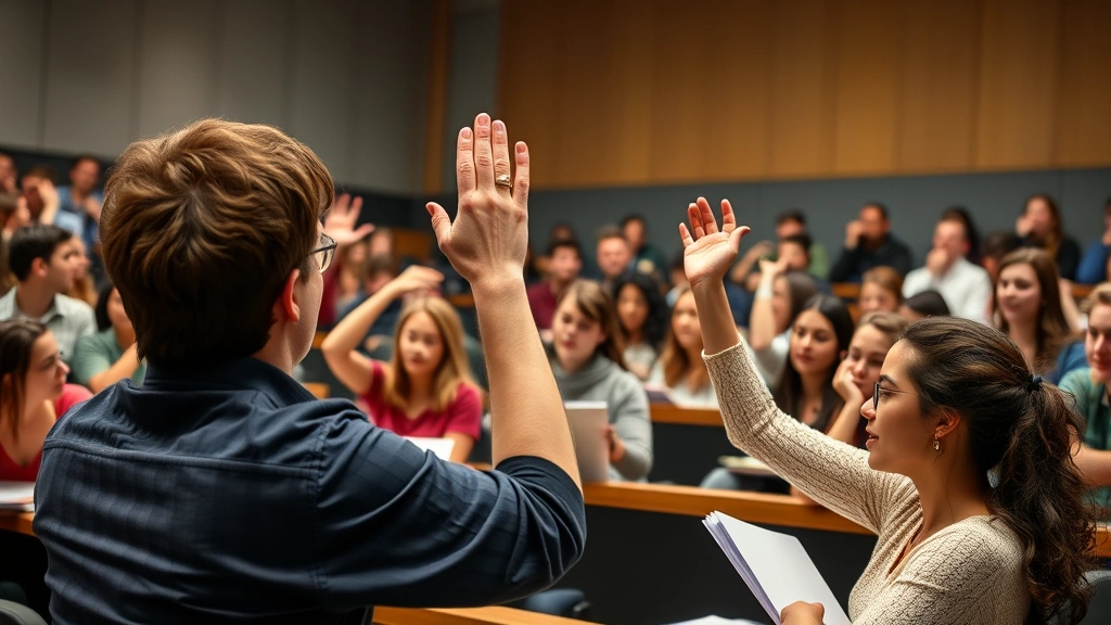University professor leading an engaged classroom discussion with students raising hands and taking notes, diverse student group in tiered lecture hall with natural enthusiasm visible on faces