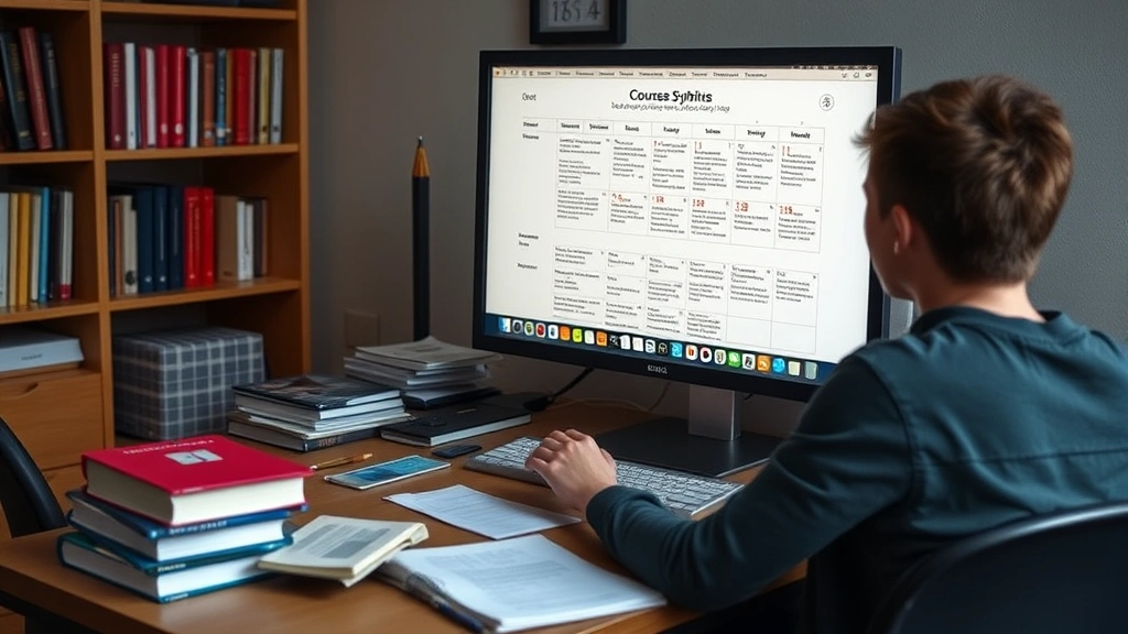 Student sitting at desk reviewing course syllabus and schedule on computer monitor, surrounded by academic books and organized notes, focused concentration, modern dorm room setting