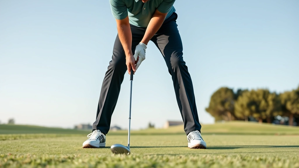 Professional golfer in perfect address position with correct stance, grip, and posture on a well-maintained golf course fairway with clear sky background