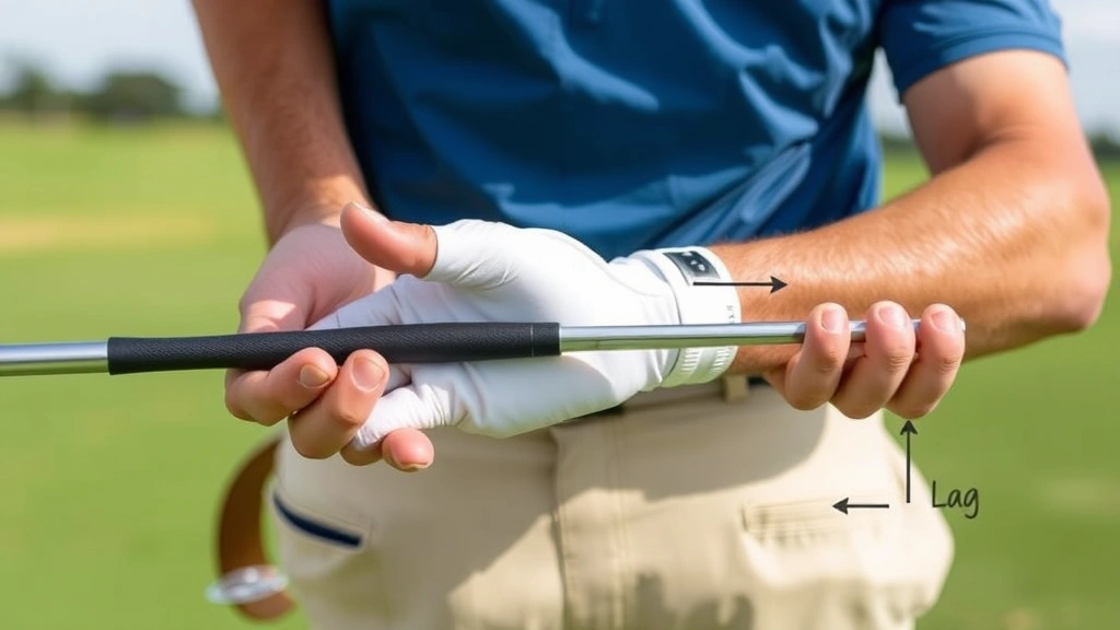 Close-up of golfer's hands showing proper grip and wrist angle during the backswing phase, demonstrating lag position and club positioning