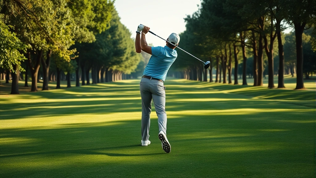 Golfer in professional stance executing perfect golf swing on lush fairway with trees lining both sides, morning sunlight creating clear shadows, demonstrating proper form and technique during actual play