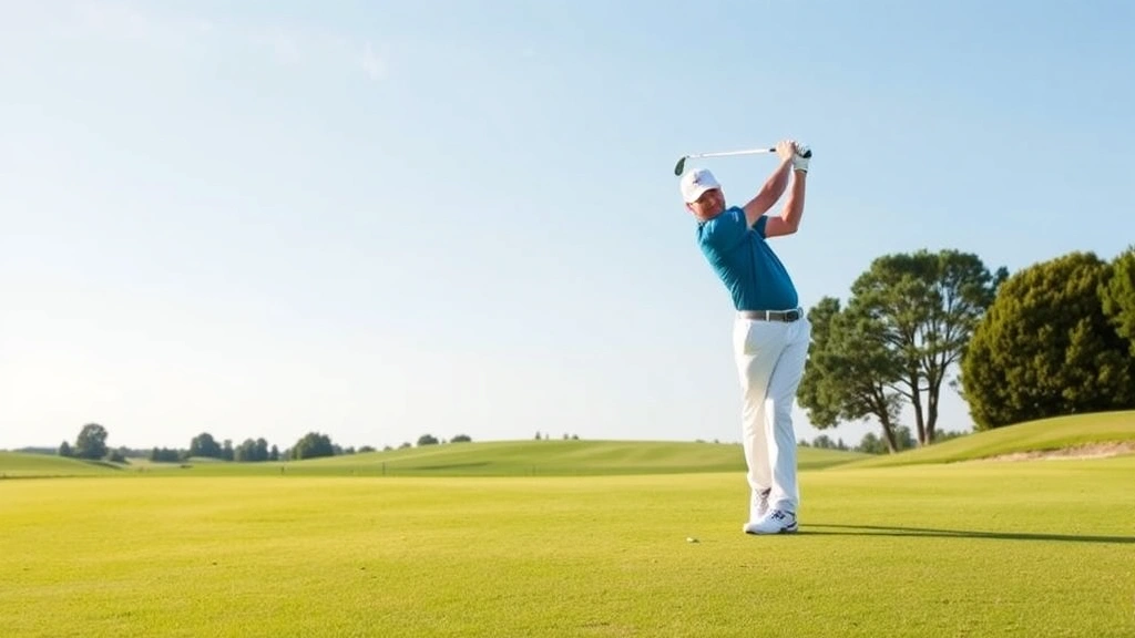 Golfer in mid-swing on well-maintained fairway with clear sky, demonstrating proper form and technique during practice round at quality course