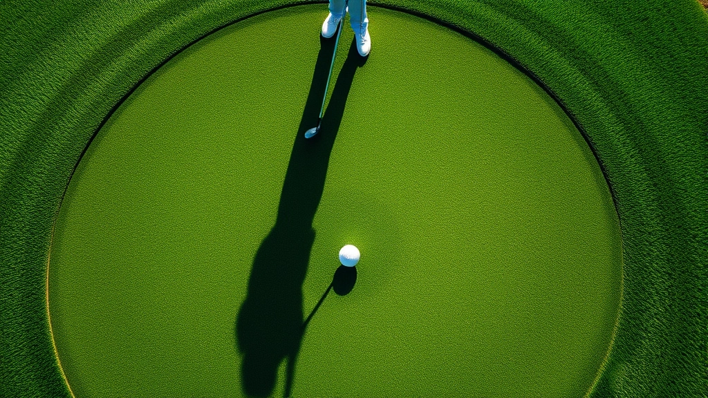 Overhead view of golf green showing flagstick and cup with ball positioned for putting, displaying slope contours and manicured grass texture, golfer in background studying break lines
