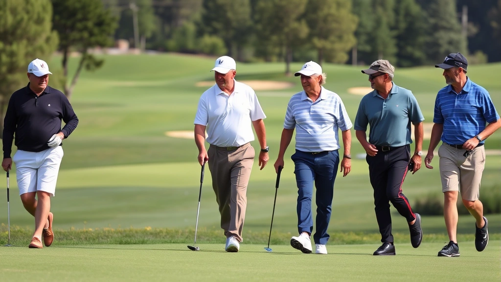 Group of adult golfers walking together on scenic golf course with manicured greens and bunkers visible, enjoying friendly round and skill development