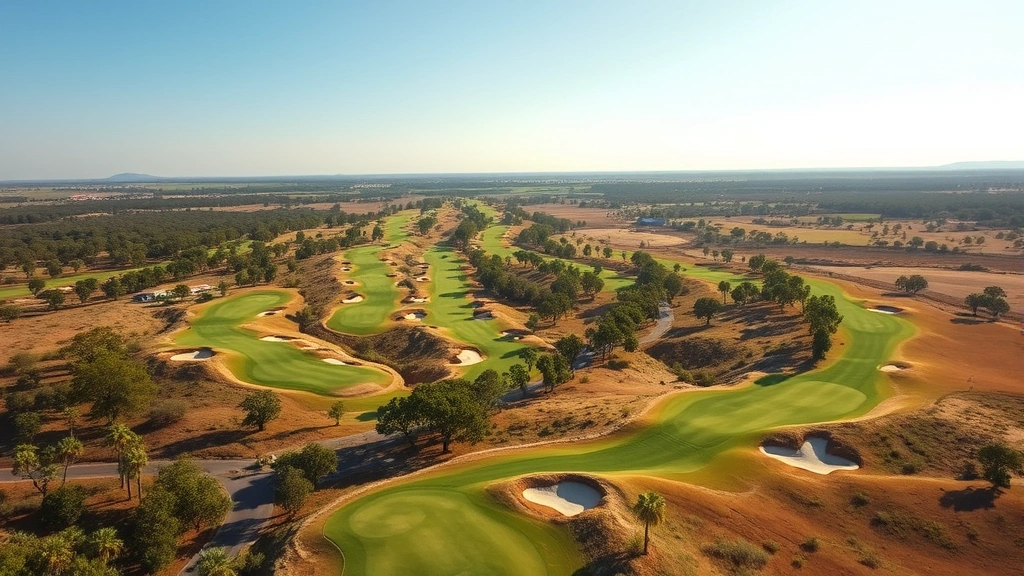 Scenic elevated view of championship golf course showing multiple holes, fairways winding through natural landscape with bunkers and trees, clear sky and natural lighting showing course layout and design