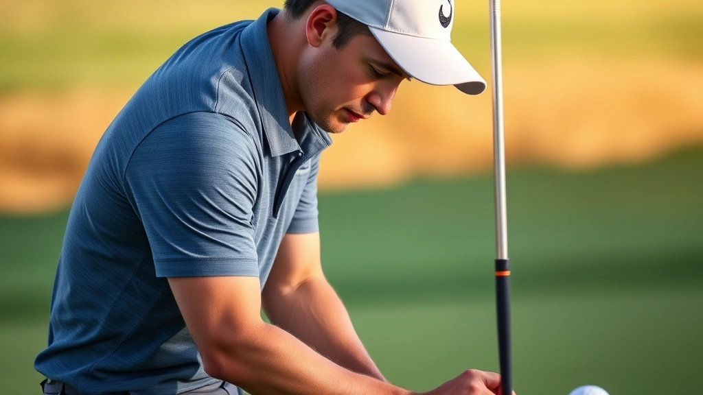 Close-up of golfer analyzing shot on putting green with concentration, demonstrating strategic thinking and course management during competitive play